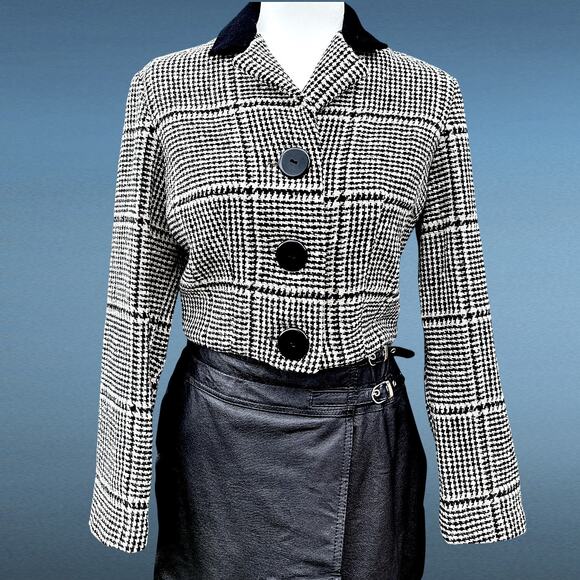 Vintage 60s Wool Houndstooth Cropped Blazer Black & White XS–S - Picture 14 of 16
